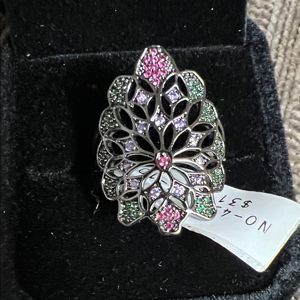 Elegant Silver and Pink Floral Ring cubic zirconia colored stones